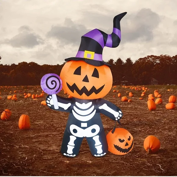 6 FT Height Halloween Inflatable Outdoor Pumpkin with Skull Body